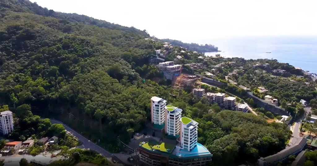 Aerial view of Oceana Resort among the trees of Kamala