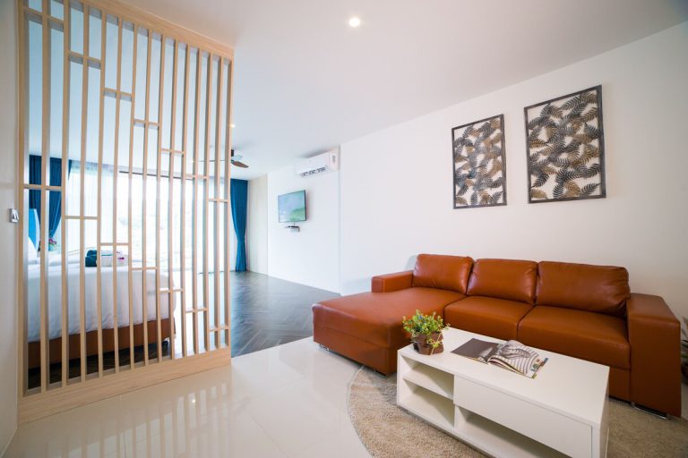 Suite living room at Oceana Resort behind a wooden screen