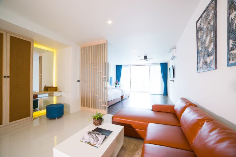 Suite living area at Oceana Resort with a leather sofa