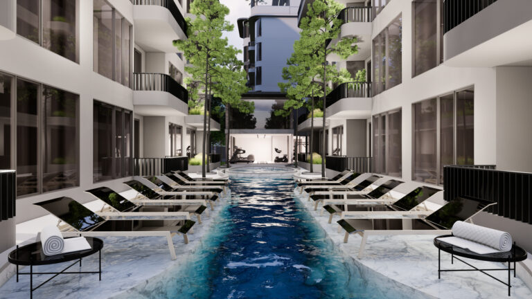 Rendering of the pool courtyard at The Element by Anocha