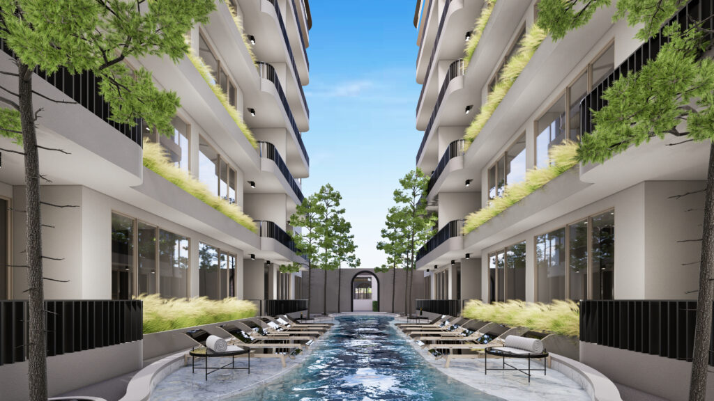 Rendering of the courtyard pool between the buildings of The Element by Anocha