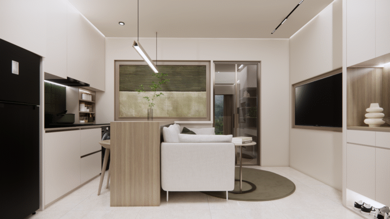 Rendering of a living area at The Trees Residence by Anocha