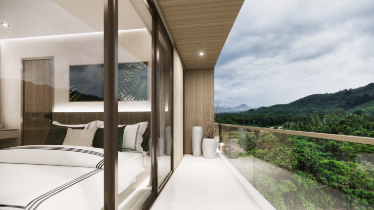 Rendering of a bedroom with a mountain view at The Trees Residence by Anocha