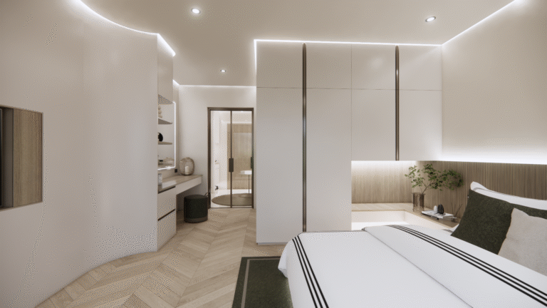 Rendering of a bedroom with a vanity at The Trees Residence by Anocha