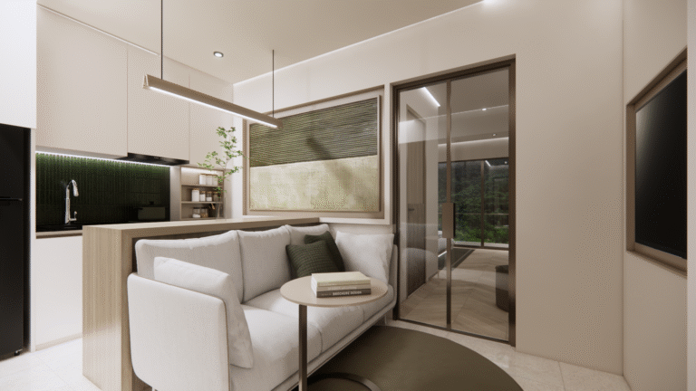 Rendering of a living room and kitchenette at The Trees Residence by Anocha