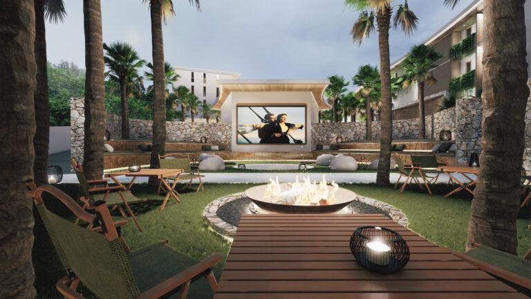 Rendering of the outdoor cinema and fire pit at The Trees Residence by Anocha
