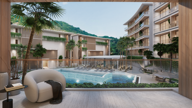 Rendering of the Zone A pool and residences at The Trees Residence by Anocha