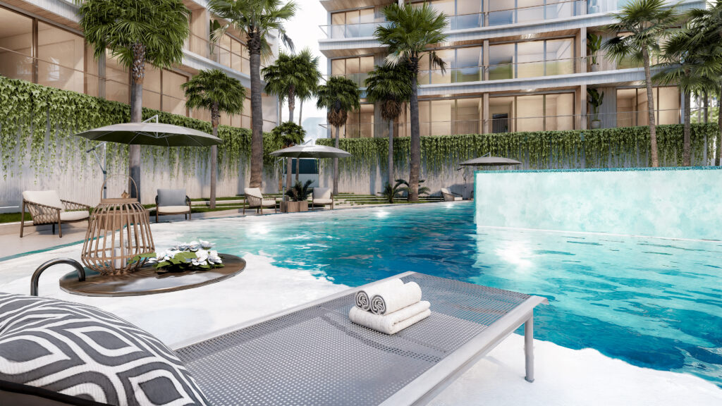 Rendering of the swimming pool at The Trees Residence by Anocha