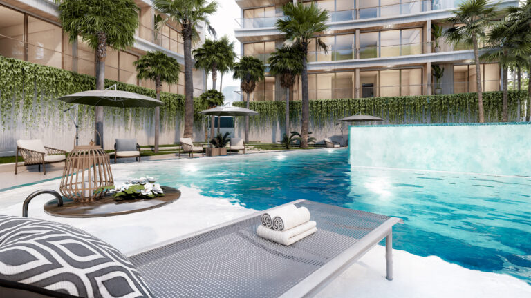 Rendering of the swimming pool at The Trees Residence by Anocha