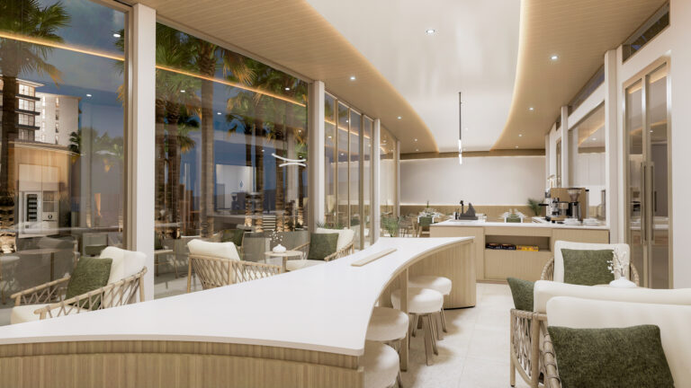 Rendering of the café at The Trees Residence by Anocha