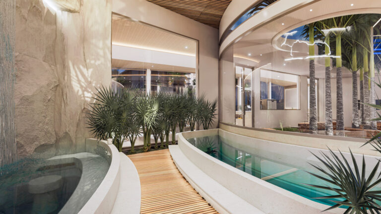 Rendering of the hot and cold plunge pools at The Trees Residence by Anocha