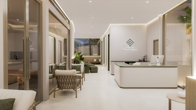 Rendering of the lobby and guest relations desk at The Trees Residence by Anocha
