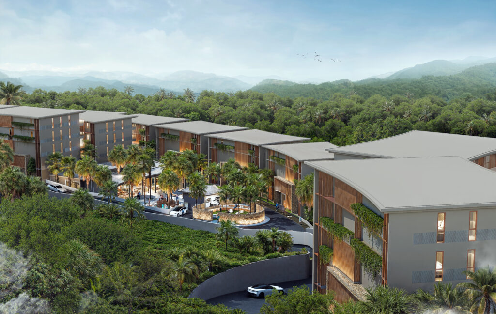 Aerial rendering of The Trees Residence by Anocha among forested hills in Bangtao