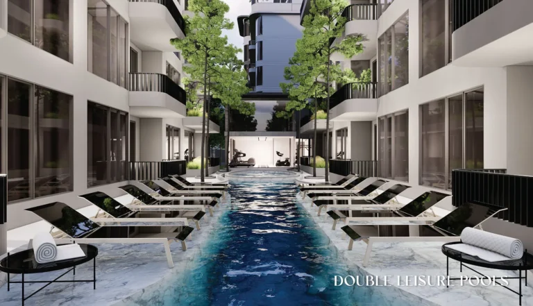 Rendering of the leisure pools between the buildings of The Element by Anocha