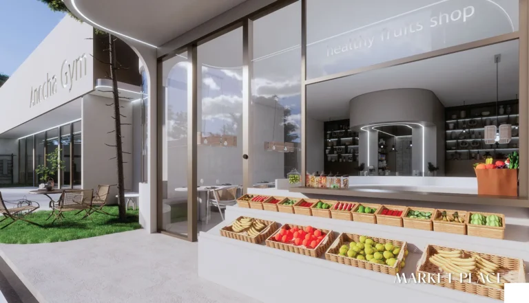 Rendering of the market place with fresh produce at The Element by Anocha