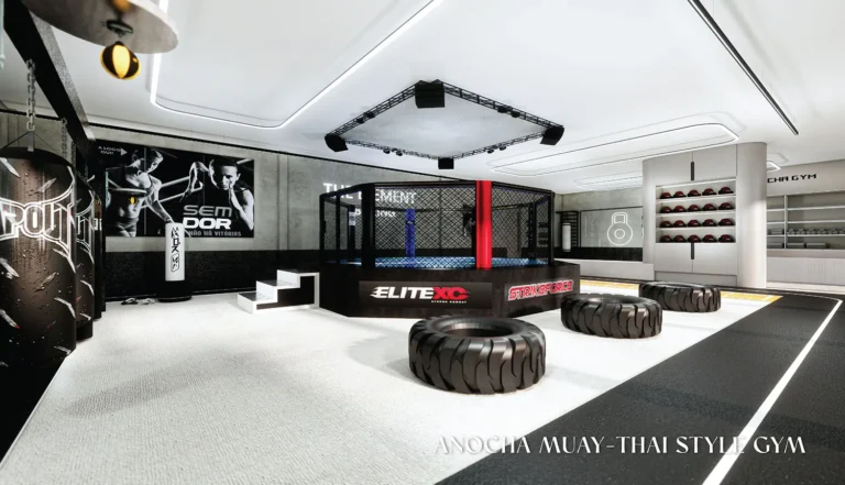 Rendering of the Muay Thai style gym with a boxing ring at The Element by Anocha