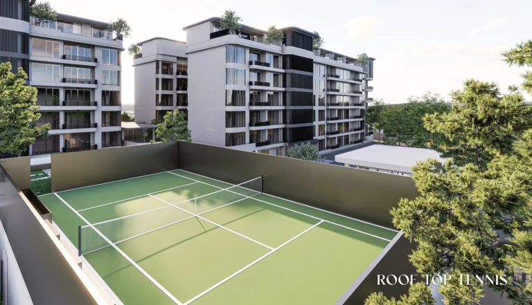 Rendering of the rooftop tennis court at The Element by Anocha