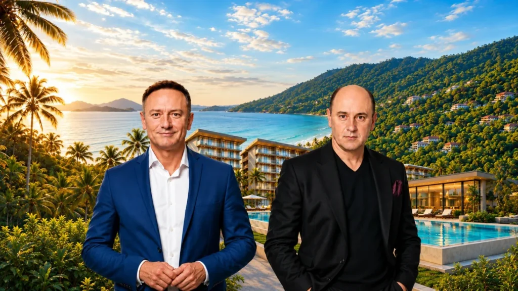 Two Phuket Plus representatives in front of a beachfront development in Phuket