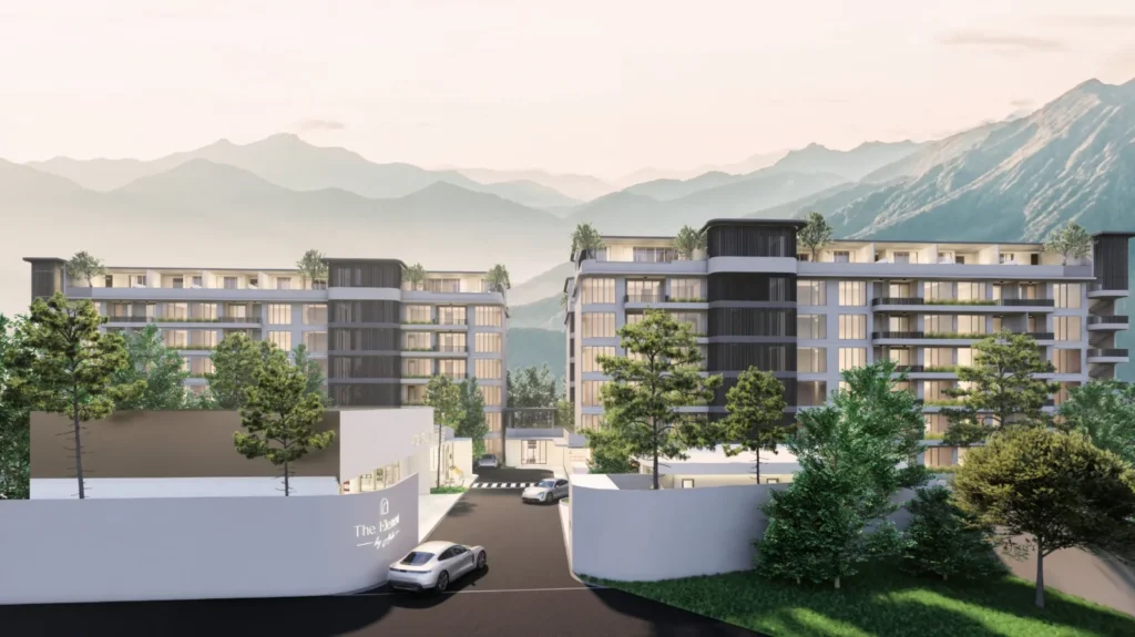 Rendering of The Element by Anocha in Kamala, Phuket, with hills behind
