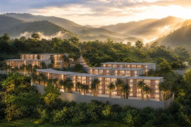 Rendering of The Trees Residence by Anocha on a forested hillside in Bangtao, Phuket